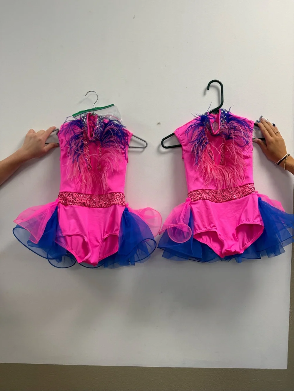 Weissman Dance Costume. Girls Hot Pink Tulle Dance Costume with Blue Accents